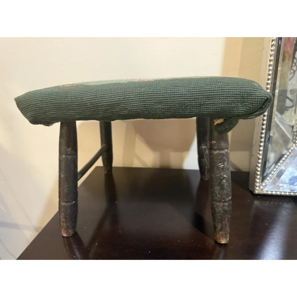 Vintage Floral Needlepoint Footstool Wood Rectangular Green ~9x12